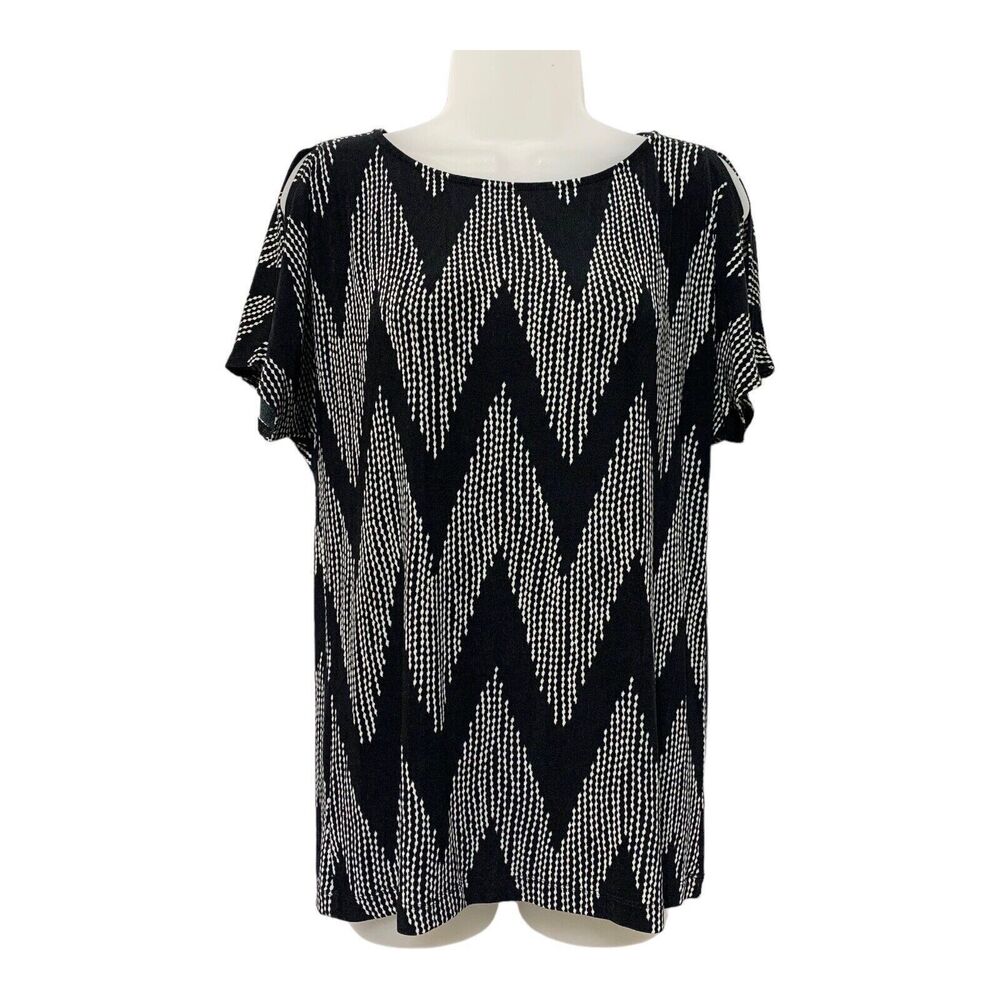 chicos travelers Short Sleeve Cold Shoulder Black Cream Slinky Top Size 1 M/8